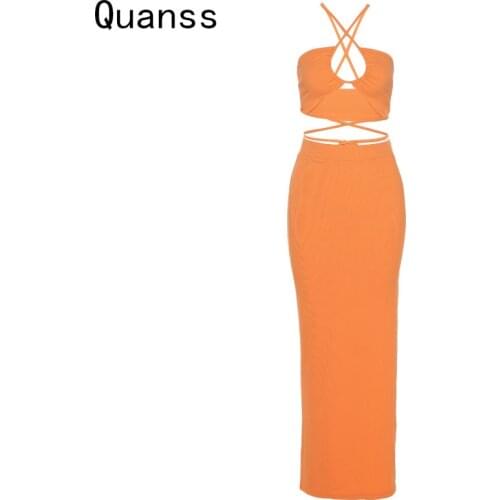 Quanss Summer Halter Hollow Out Bandage Crop Top And Long Skirt Two Piece Set For Women 2021 Sexy Club Fashion Suit Beach Outfit