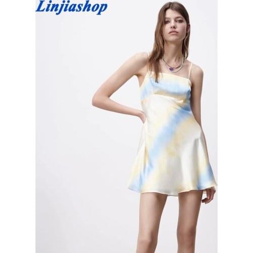 Za 2021 Summer Dress Woman Satin Tie Dye Backless Mini Dresses Women Fashion Thin Strappy Short Party Dress Back Elastic
