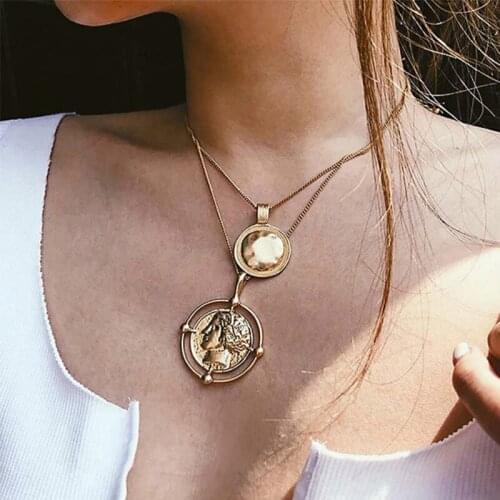 Gold Color Hanging Portrait Coin Chain Choker Necklace Female Layered Charms Pendant Chokers Necklaces Bohemia Jewelry