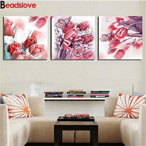 3 pcs 5D Diamond Painting pink Tulip butterfly flower full cross stitch mosaic diamond Embroidery Rhinestone square round drill