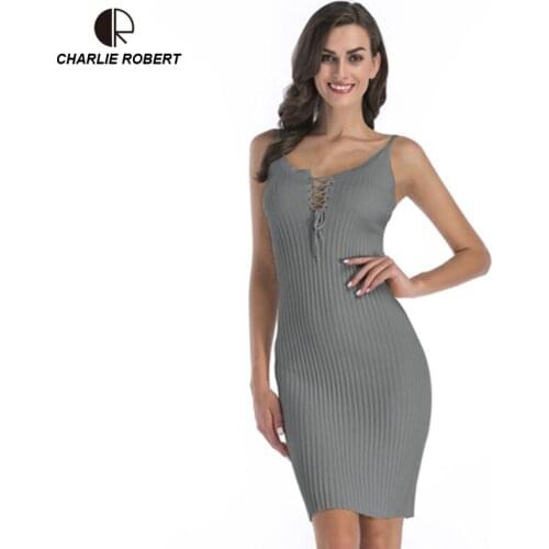CR 2019 Elegant Gray Sleeveless Knitted Casual Dress Women Evening Party Bodycon Dress Girls Ladies Spring Short Pencil Vestidos