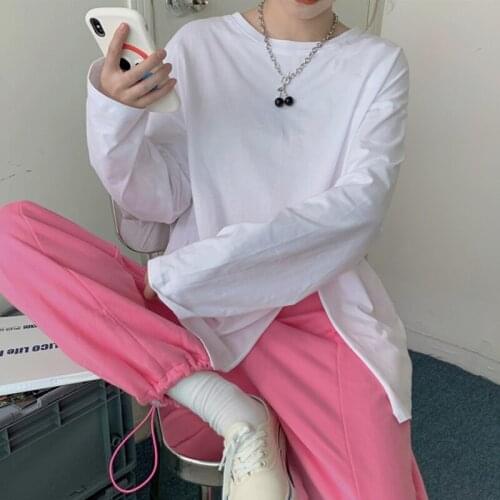 Autumn solid oversized Women T-shirts white Tops Long Sleeve Harajuku T shirt Fashion Split Streetwear korean aesthetic clothes