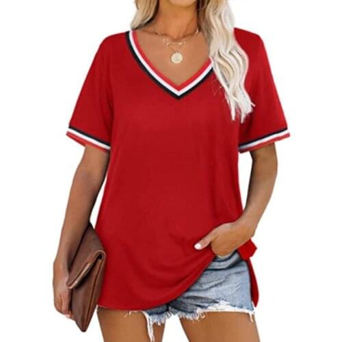 New Womens T-shirts V-neck Short Sleeves and Stripes Suture Stitching Red Blouse T shirt Hem Split Fashion Woman Tops