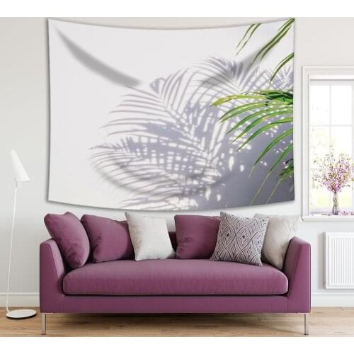 Tapestry Palm Leaf and Shadows on Wall Exotic Tree Tropical Sunny Summer Day Photo Green White