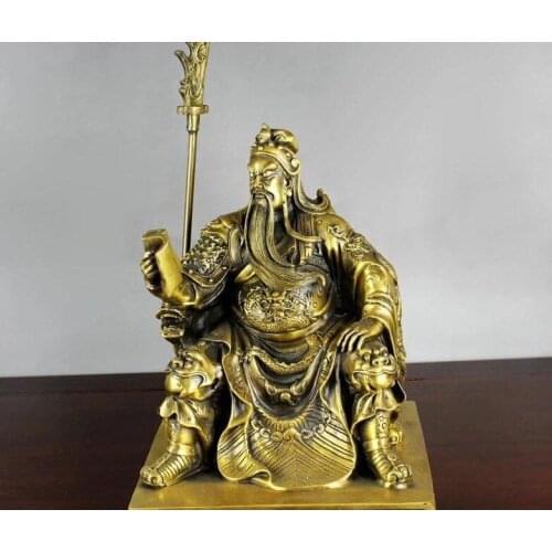 China brass copper Gong Yu Guan Gong warrior sit Dragon Chair read Book Statue