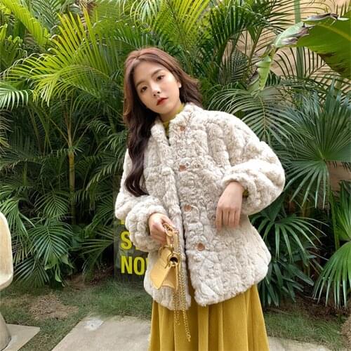Korean Winter Thick Warm Fluffy Faux Fur Coats Jacket Female Short Furry Rex Rabbit Fur Outerwear Women Plus size Loose Overcoat