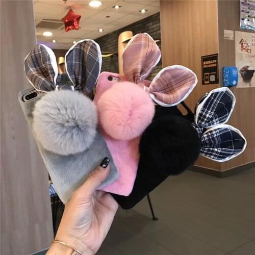 LaMaDiaa Fashion Cloth rabbit ear plush ball furry fur mobile phone Case for iPhone 11 12 pro 6 7 8 Plus X XS MAX XR Cover Capa