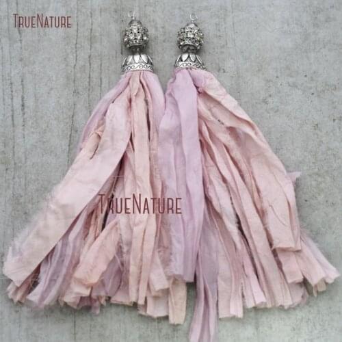 Fashion Elegant Sari Silk Plastal Pink Tassel Necklace Pendant Clear Rhinestone Pave Antique Silver Tulip Cap In 6.8 inch PM8965