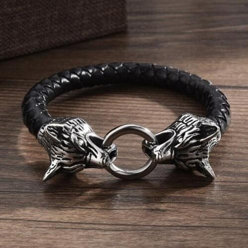 Viking Wolf Head Bracelet Leather Rope Chain Double Wolf Head Bite Ring Bracelet Mens Amulet Bracelet Viking Jewelry Gift