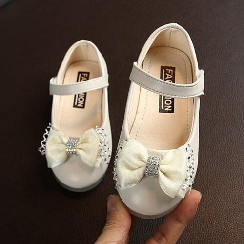 Toddler Infant Solid Color Shoe Kids Girls Crystal Bowknot Dance Shoes Princess Leather Shoe Sweet Flats Elegant Hook Shoe Туфли