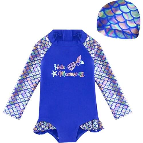 2~10Y One Piece Girls Swimwear Toddler Baby Swimsuit with Cap Children Mermaid Wetsuit Kids Beach Wear Girls Bathing Suit Pool