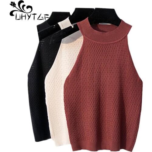 UHYTGF Casual knit top vest women Fashion sleeveless hanging neck sexy summer sweater shirt Elastic slim short vest female 734