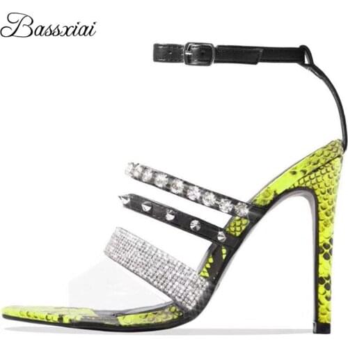Sexy Narrow Band One-Strap Sandals Women Summer 10cm Thin High Heels Point Toe PVC Crystal Rivet Decor Party Shoes