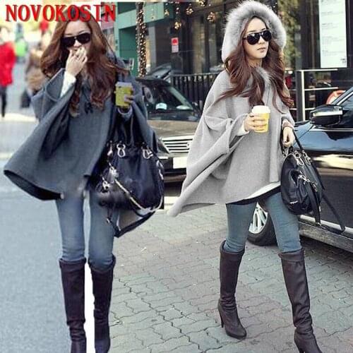SC369 2019 Women Loose Batwing Sleeve Fur Collar Poncho Cape Solid Woolen Plus Size Coat Shawl With Fur Hat Capas Mujer