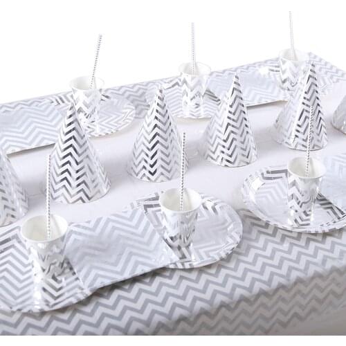 Silver Bronzing Wave Lines Pattern Theme Birthday Party Decorations Disposable Napkins Straws Cups Tableware Supply Baby Shower