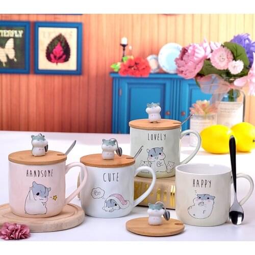380ml Cute Hamster Cartoon Mug With Lid Spoon Creative Ceramics Office Home Coffee Milk Breakfast Glass Couple Cup Gifts
