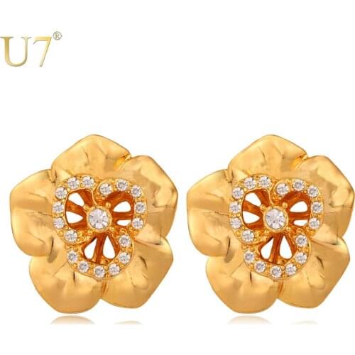 U7 Flower Earrings Gold Color Retro Jewelry Wholesale Hollow Design Plant Crystal Drop Earrings For Women E509