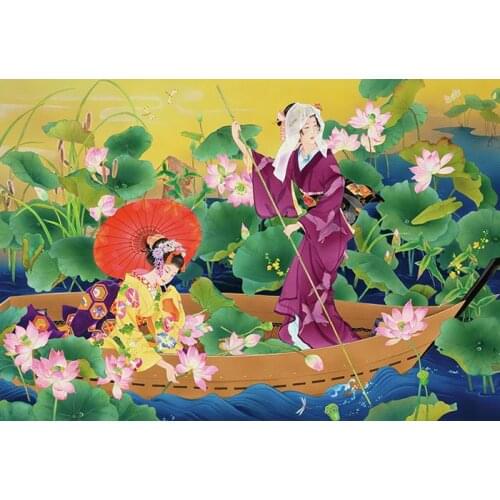 Japanese Kimono Lady Lotus Rowing Art Needlework 14CT Canvas Unprinted Handmade Embroidery Cross Stitch Kit DIY Home Decor