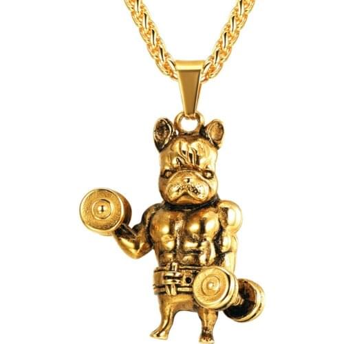Statement necklace men french bulldog pendant with stainless steel hiphop chain fitness jewelry gym dog necklaces gold color