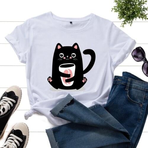 100% Cotton Short Sleeve Summer Women T Shirt Black Cat Coffee Print Graphic Female Casual Fashion Tshirt Ladies O-Neck Tee Tops