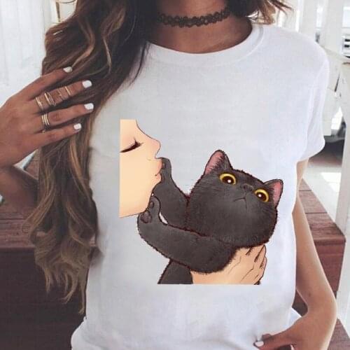 Women Graphic Cat Printing Style Kawaii Clothes 90s Animal Cartoon Summer Print Female Clothes Tops Tees Tshirt T-Shirt