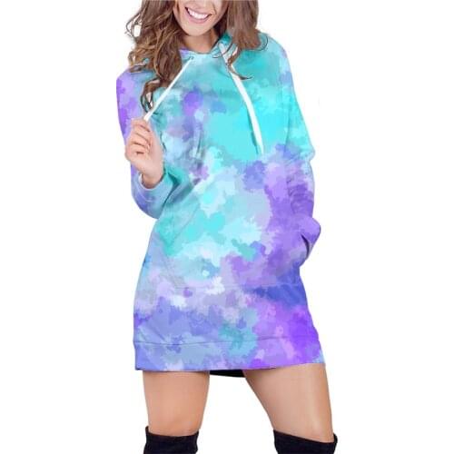 OGKB 3D Tie Dye Printed Long Sleeve Hoodie Dress For Women Hip Hop Style Fashion Pigment Loose Plus Size Sweatshirt Dropshipping