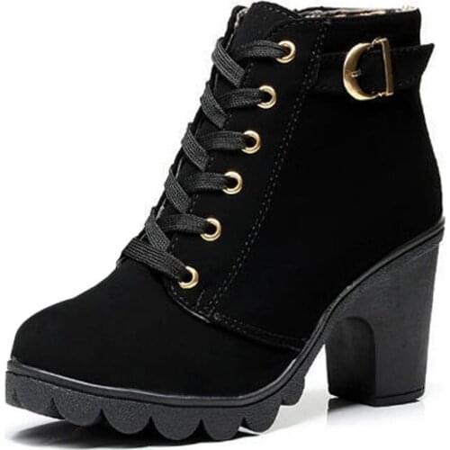 Autumn Winter Boots Women Thick High Heels Ankle Boots Lace-up Bota Feminina Platform Martin Boots Shoes Woman XKD2040