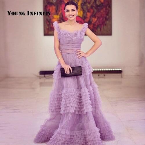 Elegant Lavender Long Prom Dress 2021 Luxury Flowers Tulle Long Party Gown Layers Lace Ruffles Lady Pageant Dress