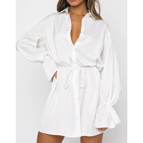 Women Solid Lace Up Office Shirt Dress Autumn Casual Single Breasted White Dress Turndown Collar Button 2021 Fashion Vestidos