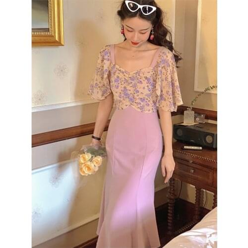 Retro Ruffled Sleeves Square Neck Dress Womens Summer Floral Stitching Fishtail Skirt Fashion Temperament Sweet Style Skirt