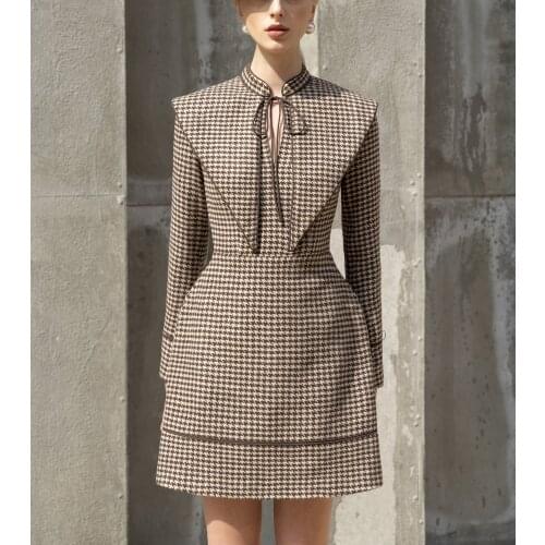Tailor shop Retro Slim and thin dark brown houndstooth winter female light luxury dress Semi-Formal Dresses