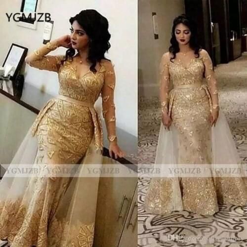 Sequin Evening Dresses Long Sleeves 2021 Plus Size V Neck Detachable Skirt Arabic Dubai Elegant Formal Dress Prom Gowns