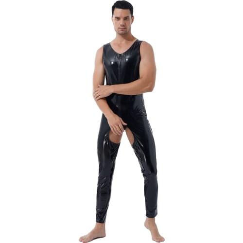 Men V Neck Sleeveless Wet Look Patent Leather Bodysuit Back Zipper Crotchless Leotard Clubwear Stage Male Performance Costume