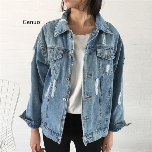 Denim Jacket Womens Retro Loose BF Style Motorcycle Punk Ripped Wild Coat Casual Oversize Streetwear