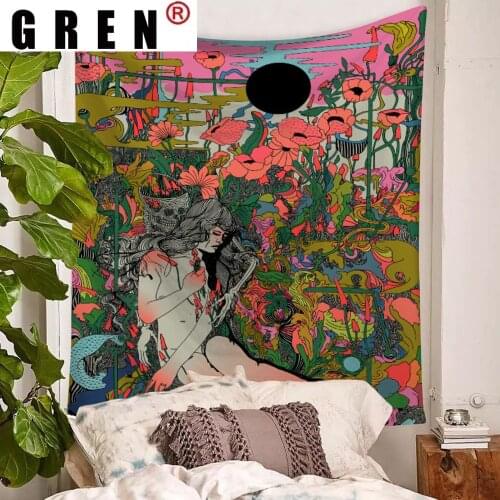 GREN Psychedelic Flower Girl Wall Hanging Tapestry Women Skull Tapestries Wall Art Carpet Cloth Carpet Boho Yoga Mat Home Decor