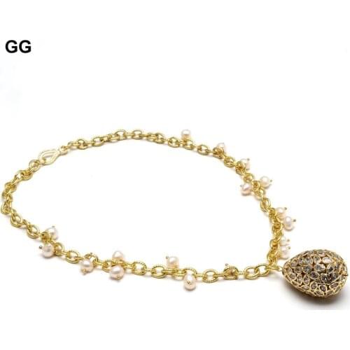 GuaiGuai Jewelry Natural Cultured White Pearl Gold Color Plated Chain Necklace Cz Teardrop Crystal Pendant For Women