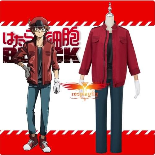 Anime Cells at Work!BLACK Red Blood Cell Cosplay Costume Adult Men Outfits Suit Jacket Top Pants Blouse Gloves Hat Halloween