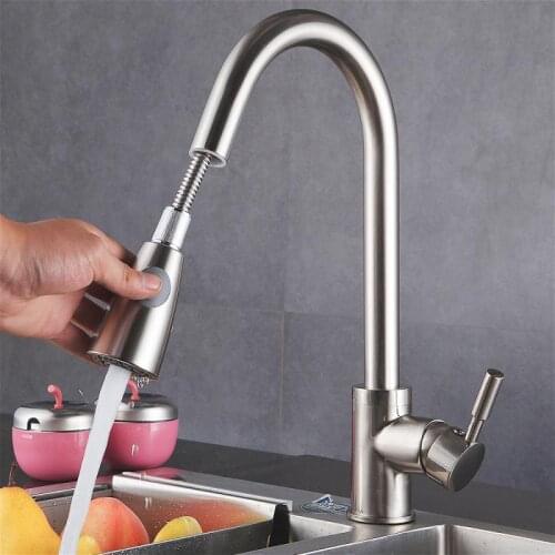 Kitchen Faucet Single Hole Pull Out Spout Double Outlet Mode Kitchen Sink Mixer Tap Stream Sprayer Head Chrome Mixer Tap HWC