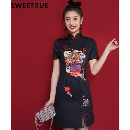 SWEETXUE 2021 Summer Cheongsam Dress Women Chinese Style Young Print Girl Black Elegant Qipao Female
