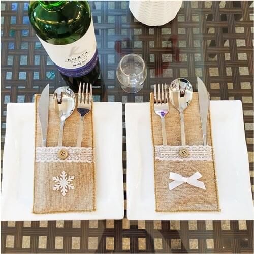 2Pcs Lace Design Burlap Cutlery Holder Rustic Wedding Table Decor Jute Lace Knife Fork Pouch Cover Bags Christmas Gifts
