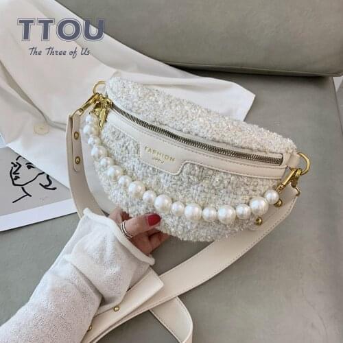 Pearl Fashion Women Chest bag Chain Woolen Fanny Pack Waist Bag Brand Belt Bag Female Waist Pack PU Leather Belly crossbody Bag