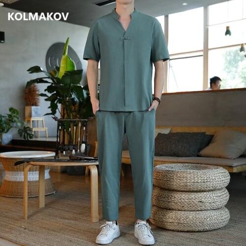 Shirt + trousers) 2021 summer men shirt Man Cotton shirts Short sleeve mens casual shirts men elastic waist full size M to 5XL