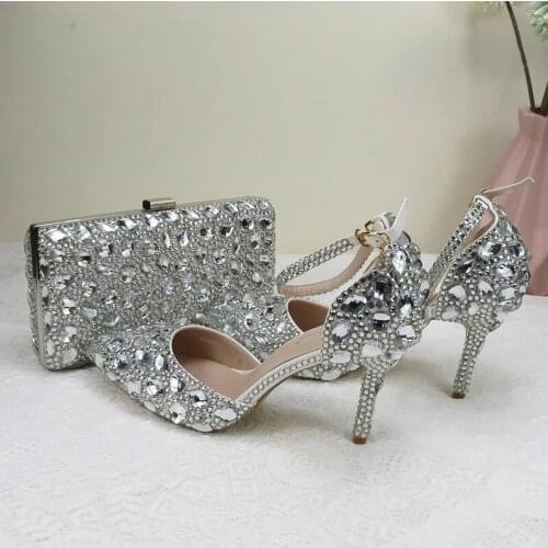 New Luxury Silver Crystal Sandals Bridal Wedding High Heels Womens Party Dress And Bag Set Pointed Toe Thin Heels Rhinestone