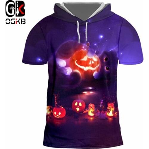 OGKB Mens New Creative Street Clothing 3D Printed Funny Pumpkin Cat Halloween Big Size 6XL Hooded Tshirt
