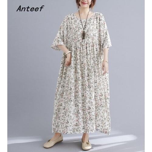 Short sleeve cotton vintage floral dresses for women casual loose long summer dress elegant clothes 2021 sundress
