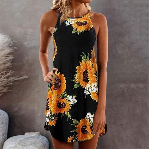 Dress Women Summer Fashion Sexy Sunflower Flower Print Sleeveless Dresses O-neck Suspender Halter Casual Sundress Robe Femme