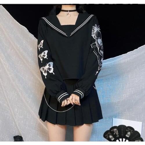 Ruibbit Women Summer Preppy Style T Shirts Butterfly Embroidery Navy Collar Top Black Short Sleeve Loose Gothic Girls T-shirts