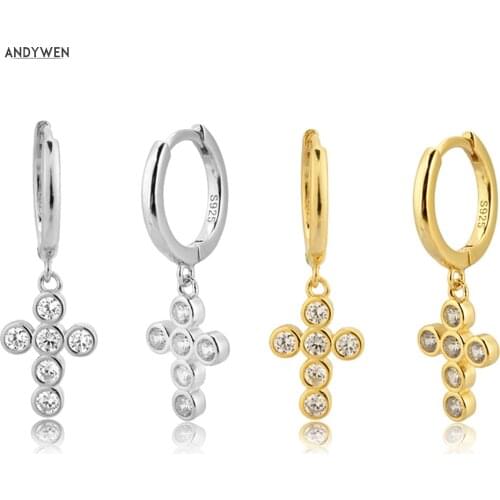 ANDYWEN 925 Sterling Silver Clear Zircon Cross Piercing Drop Earring Big Pendiente Luxury Women Big Rock Punk Jewelry For Party