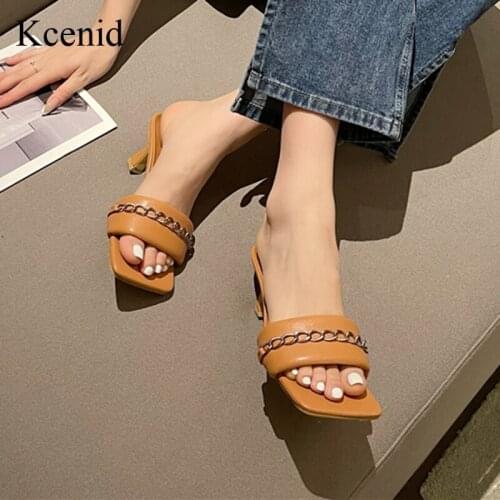 Kcenid Fashion 2021 New Womens Shoes Chain Decoration PU Slides Solid Outside Thin Heel Casual Slippers Women Big Size 35-42