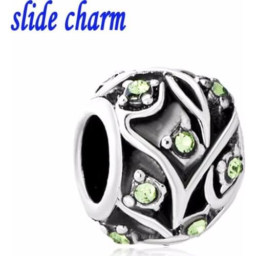 Slide charm wholesale Free shipping Peridot Green Crystal Black Leaf Pattern Bead Designer Charm Bracelet fit Pandora bracelet